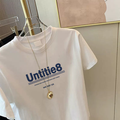 Letter printing short-sleeved t-shirt women's 2023 early spring new Korean style round neck simple casual tops summer tops 