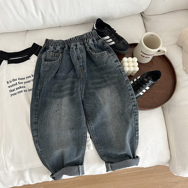 Elmo Beibei Boys Pants 2024 Spring Style Handsome Ripped Jeans Baby Sand Washed Cotton Handsome Carrot Pants ခေတ်မှီဆန်းသစ်သော 