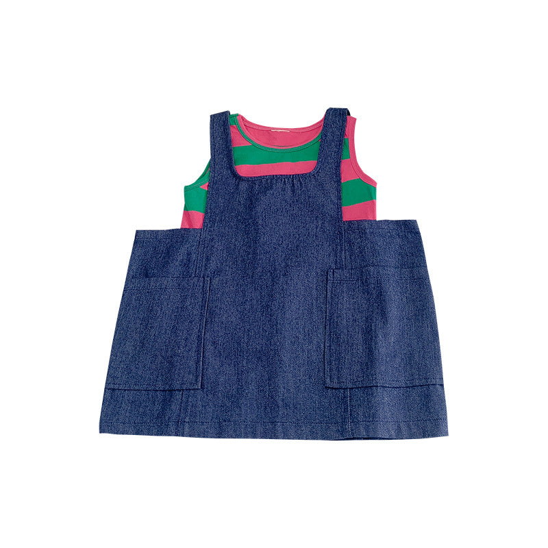 Korean children's clothing 2024 spring and summer new girls' overalls skirts for small and medium-sized children's fashionable loose large pocket denim suspender skirts 