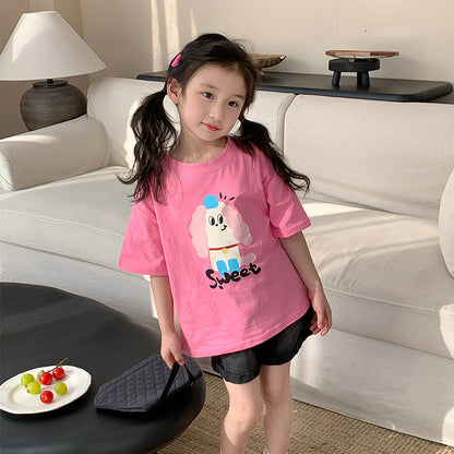 Korean children's clothing 2024 spring and summer new girls short-sleeved baby trendy cartoon dragon year printed T-shirt children's top 