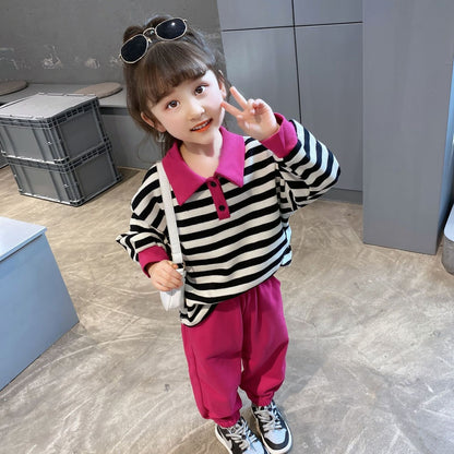 2023 spring and autumn new cotton fashion trend suit girls lapel striped long-sleeved two-piece set for small and medium-sized children 