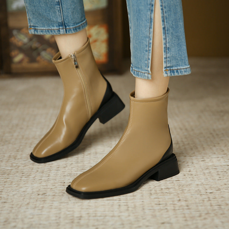 3103-2 square toe thick heel women's boots 2022 new Korean style fashion short boots women's side zipper low tube middle heel women's boots 