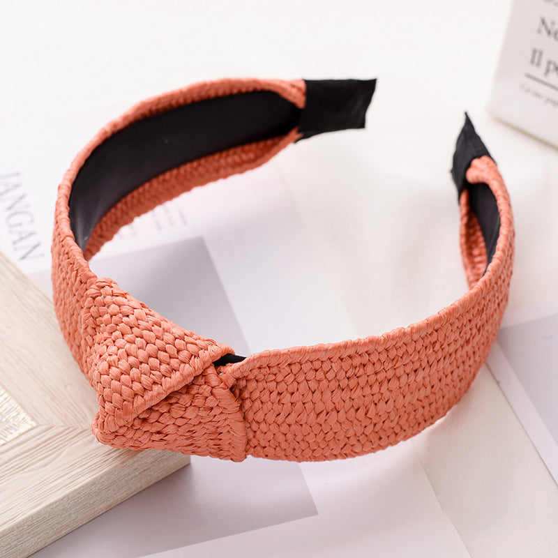 2022 European and American summer rose red straw braided headband for women's holiday style calaffia grass braided hair headband wholesale