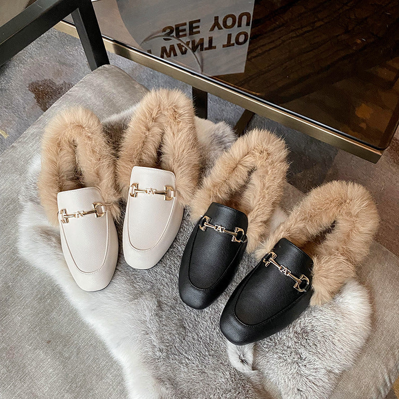 Fur shoes women's 2023 autumn and winter rabbit fur cotton shoes plus velvet small leather shoes flat bottom British slip-on trendy peas shoes 