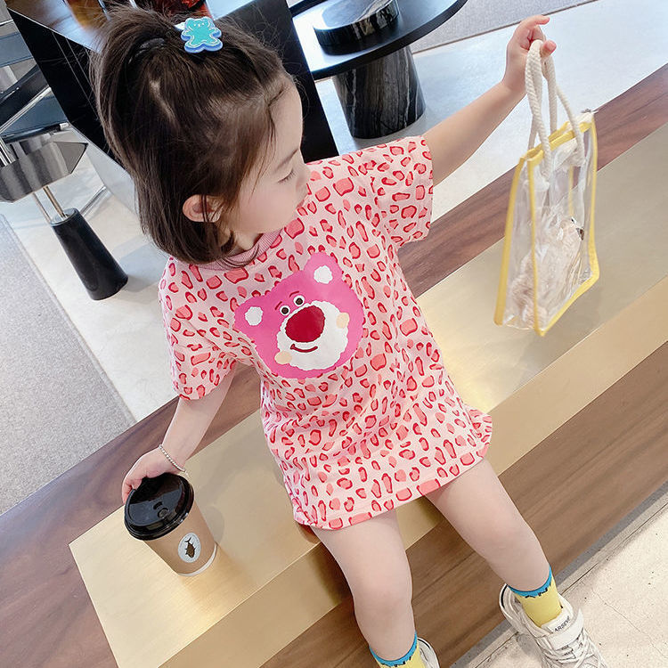 2023 spring and summer new girls pink leopard print bear mid-length T-shirt dress children's cartoon short-sleeved dress 