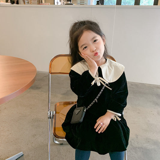 Korean children's clothing 2021 autumn and winter new children's dresses for girls, baby velvet large lapel princess dress 