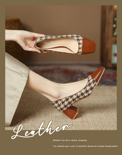 3337-6 Xiaoxiangfeng Mary Jane houndstooth thick-heeled single shoes new color matching square toe shallow mouth mid-heel shoes women's shoes 