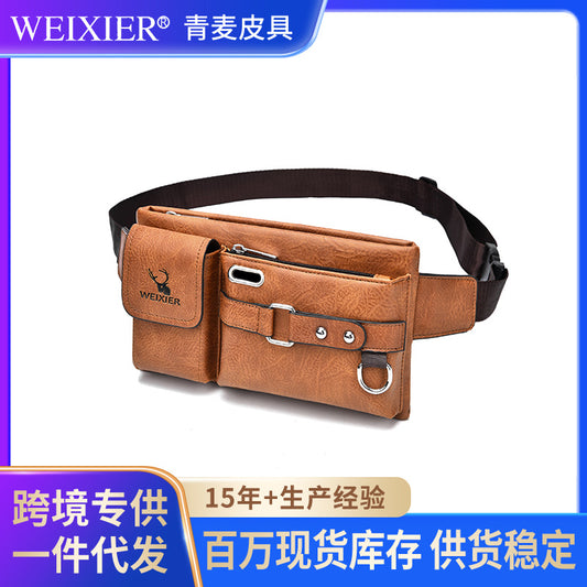 Men's single shoulder bag diagonal bag summer tactical chest bag mobile phone waist bag multi-functional chest bag retro pu waist bag 