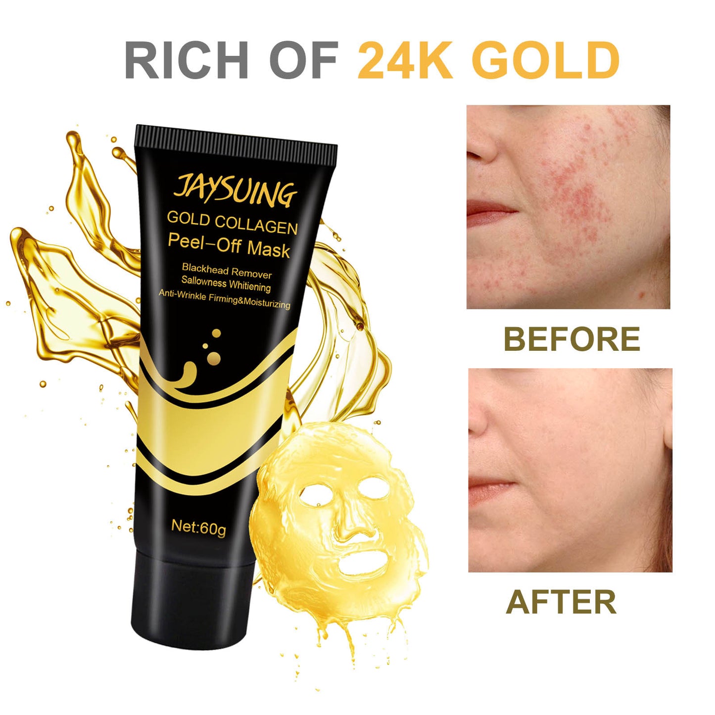 Jaysuing Gold Peel Off Mask Cream သည် အမည်းစက်များကို ဖယ်ရှားပေးခြင်း၊ ရေဓာတ်ဖြည့်တင်းခြင်း၊ အဆီပြန်ခြင်းကို ထိန်းချုပ်ပေးခြင်း၊ ချွေးပေါက်များကို ကျုံ့စေခြင်း၊ Mask လိမ်းပေးခြင်း 