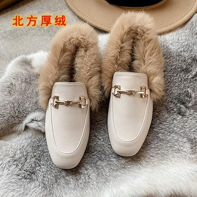 Fur shoes women's 2023 autumn and winter rabbit fur cotton shoes plus velvet small leather shoes flat bottom British slip-on trendy peas shoes 