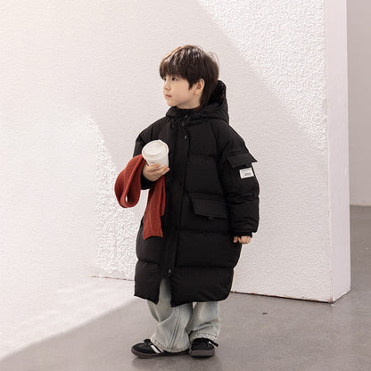 Amo Beibei new national standard children's 2023 winter 90 white duck down thick coat medium and long warm hooded down jacket 