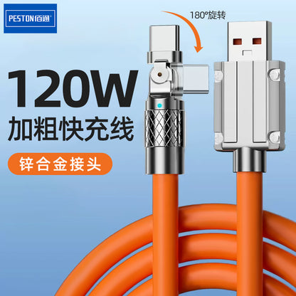 Baitong Super Flash Charge 120W Mecha Zinc Alloy သည် 180 ဒီဂရီ Antifreeze Silicone Bold Fast Charge Data Cable ကို လှည့်နိုင်သည်။