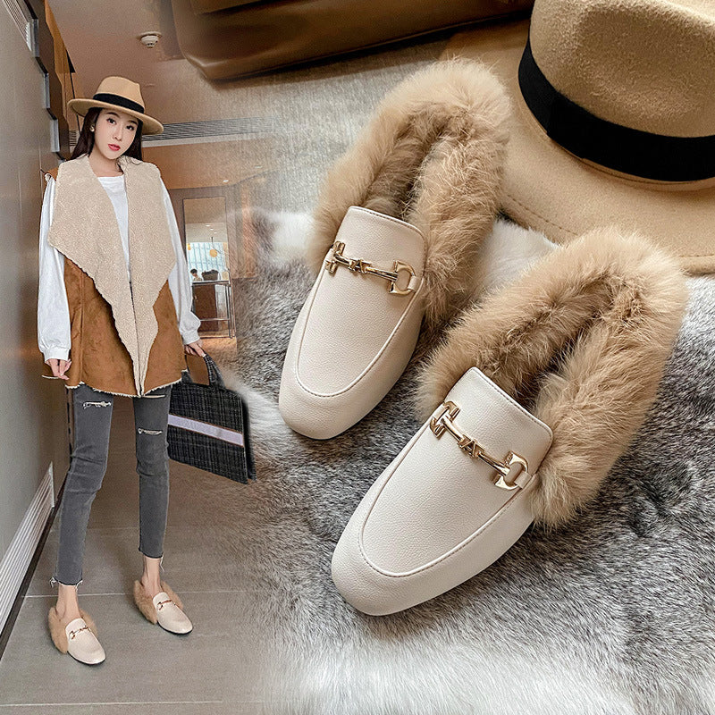 Fur shoes women's 2023 autumn and winter rabbit fur cotton shoes plus velvet small leather shoes flat bottom British slip-on trendy peas shoes 