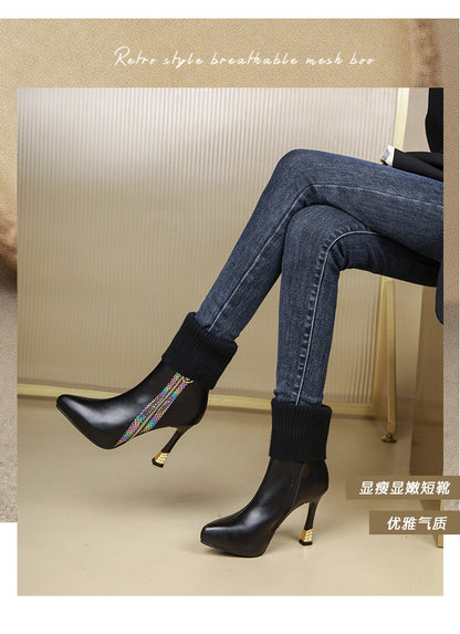 2023 winter new high-heeled short boots women's small warm black stiletto thick-soled high-heeled platform short boots 