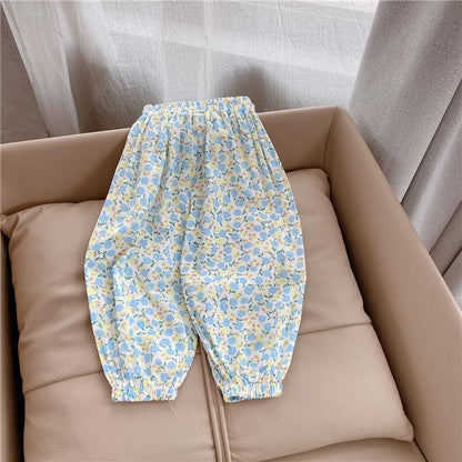 2023 Spring and Autumn New Style Retro Printed Casual Versatile Western Style Air Conditioning Pants for Baby Girls Loose Drawstring Casual Pants 