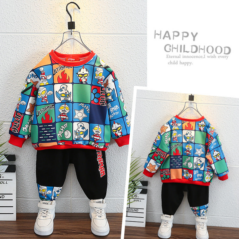 2023 new spring and autumn boys' long-sleeved T-shirts, stylish and handsome Ultraman sweatshirts, loose round neck and versatile tops, trendy 