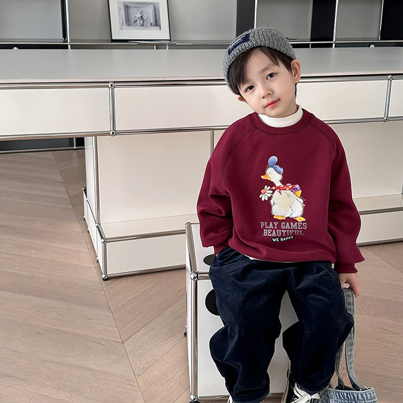 Amo Beibei 2023 Autumn and Winter Cute Warm Tops for Boys and Girls Baby Velvet Cartoon Letter Loose Sweatshirt 