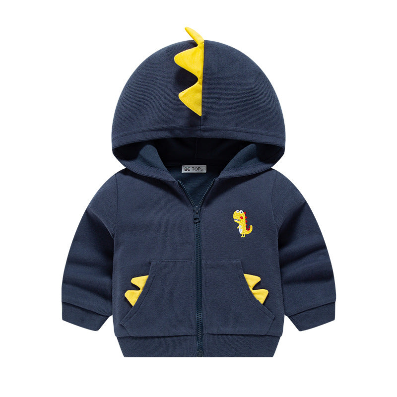 betop children's clothing 2024 spring and autumn new dinosaur children's jacket French ribbed top boy hooded sweater 