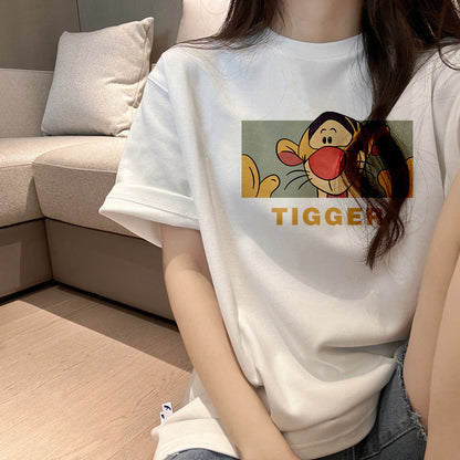 Retro chic Hong Kong style dark gray short-sleeved t-shirt female summer Korean bf Harajuku style student loose cartoon top 