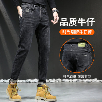 Counter quality men's long trousers high elastic slim fit full bottom printed small straight jeans cotton hot sale 