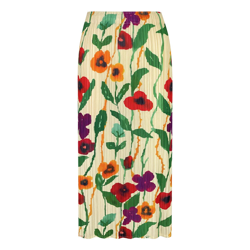 Printed skirt women's spring and summer new high waist slit A-line skirt showing thin temperament package hip flower skirt women 