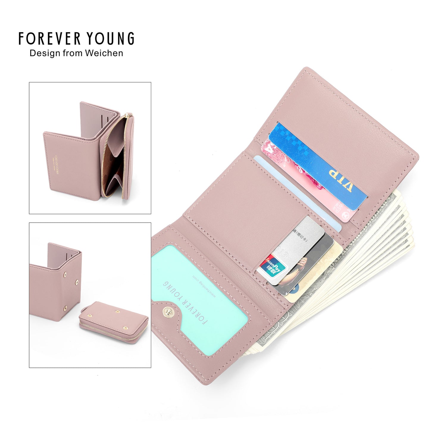 Forever Young Women's Short Wallet Ticket Holder 30% Off ပေါ့ပါးသော ဘက်စုံသုံး နှစ်မျိုးသုံး ကတ်ကိုင်ဆောင်သူ အမျိုးသမီးများ အကြွေစေ့အိတ် 