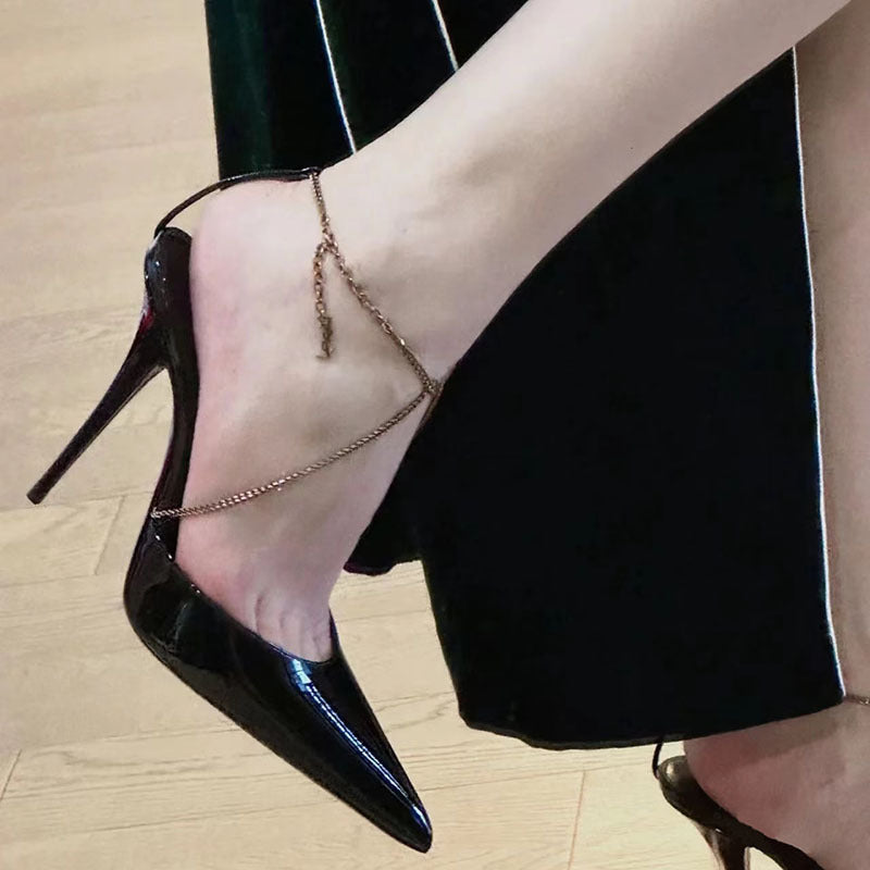 High heels sandals female stiletto fashion sexy black bag pointed toe French strap chain single shoes high heels 