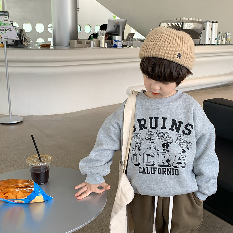 [Clearance Special] Children's Korean version for boys and girls double-layer velvet retro print warm round neck sweatshirt trendy 