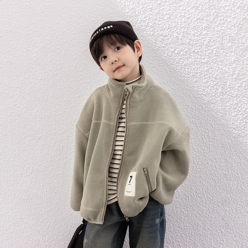 Amo Baby Children's 2023 Winter Warm Plush Label Cotton Clothes Boys and Girls Baby Double-sided Aoliang Velvet Jacket Trendy 