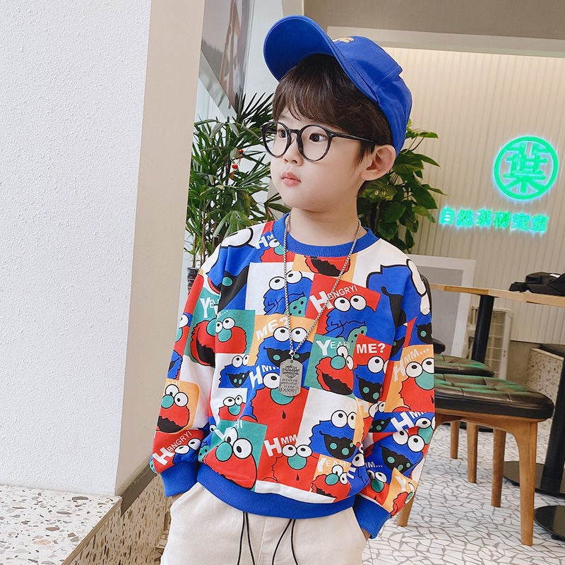 2023 Spring and Autumn New Boys Full Print Sesame Street Cute Loose Small and Medium-sized Boys Handsome Sweater Tops 