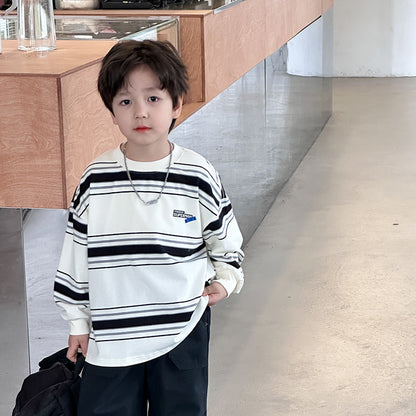 Elmo Beibei 2024 Spring Boys Letter Colour Striped Cotton Sweater ကလေးသူငယ် ကိုရီးယားစတိုင် ချောမောသော ချောင်စင်း ထိပ်တန်း 