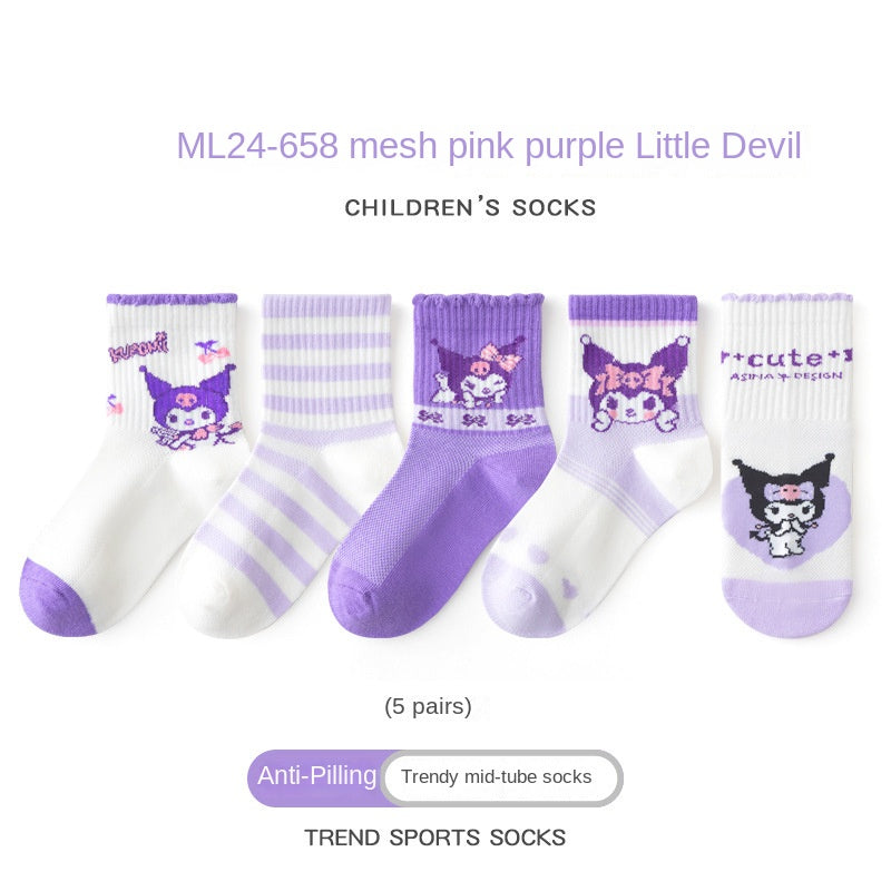 Girls socks spring and summer thin middle tube socks cotton socks mesh socks cute rabbit middle and large children breathable children socks 