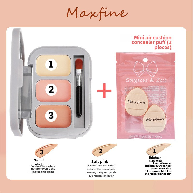 Maxfine Three-Color Correcting Concealer Palette သည် အစက်အပြောက်များ၊ ဝက်ခြံများ၊ အမှောင်စက်ဝိုင်းများ၊ မျက်ရည်ကျင်းများကို ဖုံးအုပ်ပေးသည်၊ 