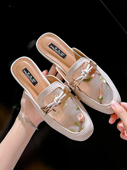 Soft leather British style Lok Fu half slippers women's summer outer wear 2023 new breathable Baotou mesh gauze without heel sandals 