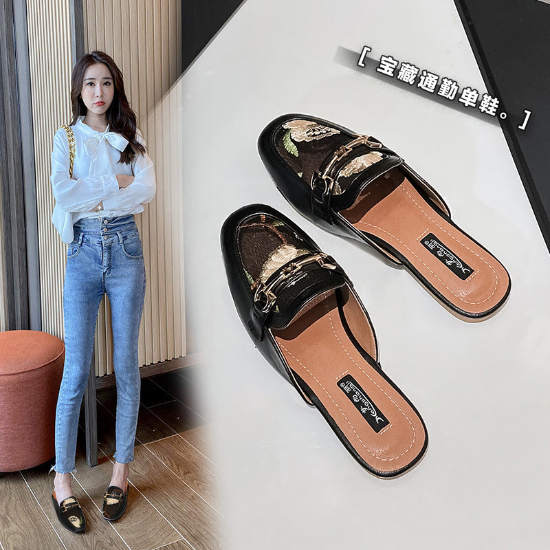 Soft leather British style Lok Fu half slippers women's summer outer wear 2023 new breathable Baotou mesh gauze without heel sandals 