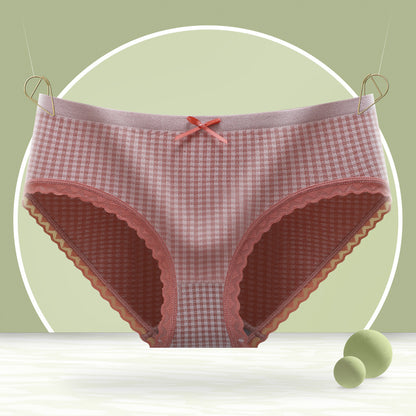 [Independent pack] Japanese net red seamless graphene underwear women's plaid lace mid-waist antibacterial girls' briefs 