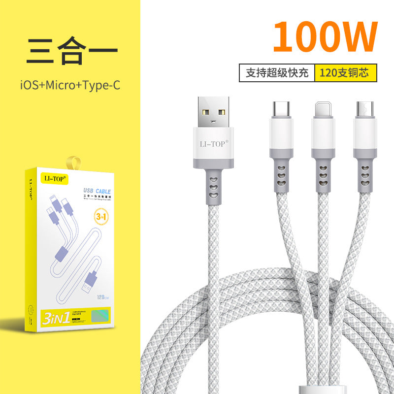 Rio Tinto 100W 3-in-one ဒေတာကေဘယ် 6A အမျိုးအစား-c အမြန်အားသွင်းကြိုးအတွက် သင့်လျော်သော ကွေးညွှတ်ကျစ်ထားသော နိုင်လွန်ကြိုး