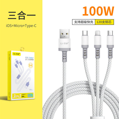 Rio Tinto 100W 3-in-one ဒေတာကေဘယ် 6A အမျိုးအစား-c အမြန်အားသွင်းကြိုးအတွက် သင့်လျော်သော ကွေးညွှတ်ကျစ်ထားသော နိုင်လွန်ကြိုး