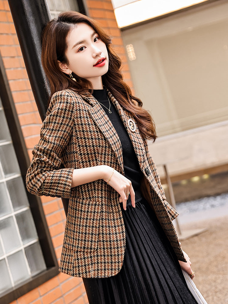 Coffee color houndstooth suit jacket women's spring 2023 new high-quality small casual plaid small suit spring 