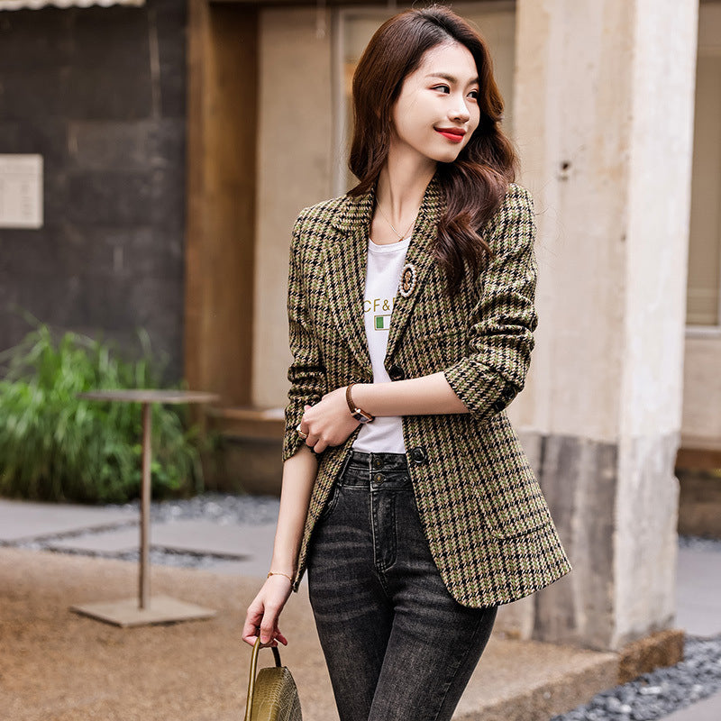 Coffee color houndstooth suit jacket women's spring 2023 new high-quality small casual plaid small suit spring 