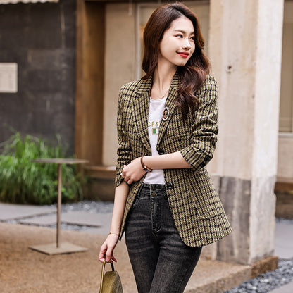 Coffee color houndstooth suit jacket women's spring 2023 new high-quality small casual plaid small suit spring 