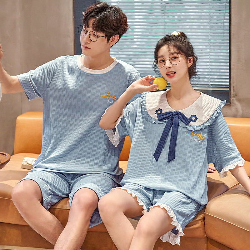 Strict selection of new summer cotton couple pajamas women's short-sleeved casual simple shorts students cute home service suit 