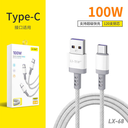 Rio Tinto 100W 3-in-one ဒေတာကေဘယ် 6A အမျိုးအစား-c အမြန်အားသွင်းကြိုးအတွက် သင့်လျော်သော ကွေးညွှတ်ကျစ်ထားသော နိုင်လွန်ကြိုး