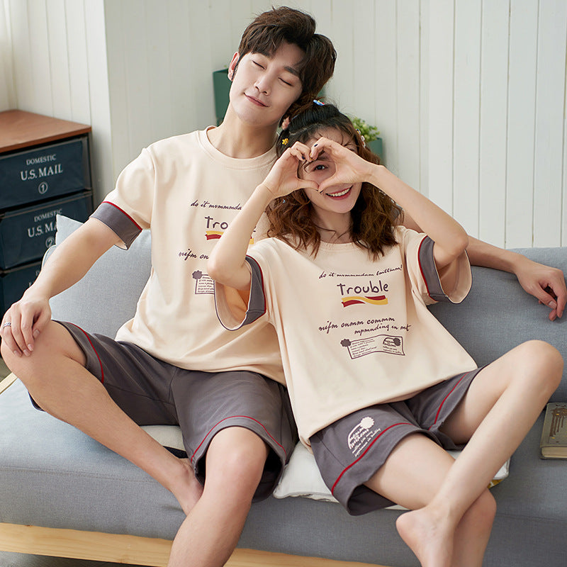 Strict selection of new summer cotton couple pajamas women's short-sleeved casual simple shorts students cute home service suit 