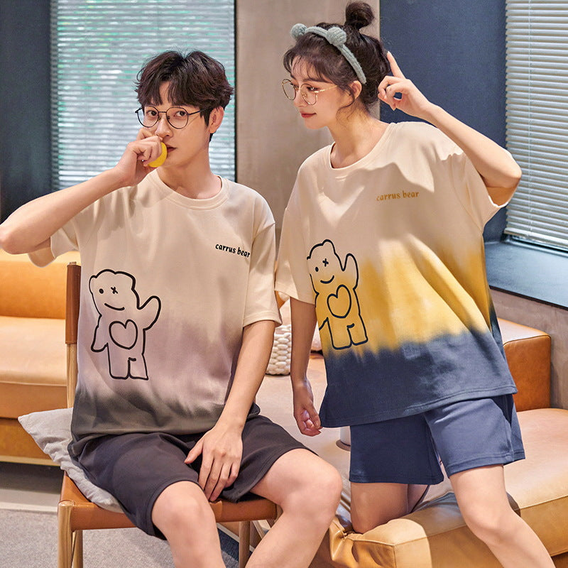 Strict selection of new summer cotton couple pajamas women's short-sleeved casual simple shorts students cute home service suit 