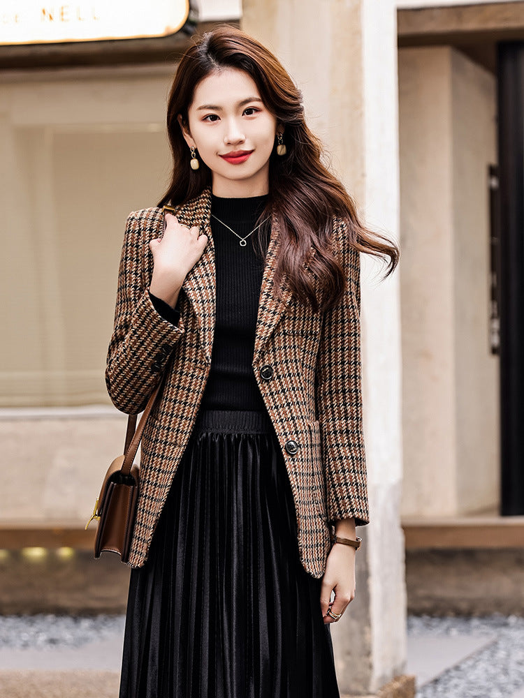 Coffee color houndstooth suit jacket women's spring 2023 new high-quality small casual plaid small suit spring 