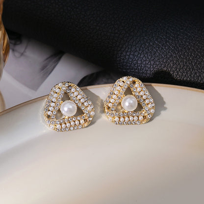 Japanese and Korean diamond-encrusted geometric earrings niche light luxury high-end pearl oil dripping bow earrings wholesale 