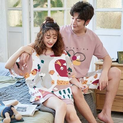 Strict selection of new summer cotton couple pajamas women's short-sleeved casual simple shorts students cute home service suit 