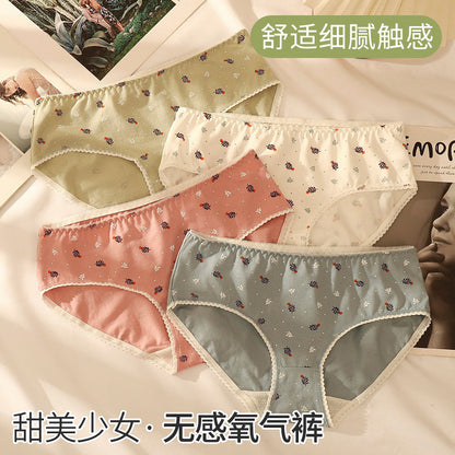 Japanese and Korean style printed cotton underwear ladies sexy lace color matching mid-waist comfortable breathable girls briefs manufacturer 