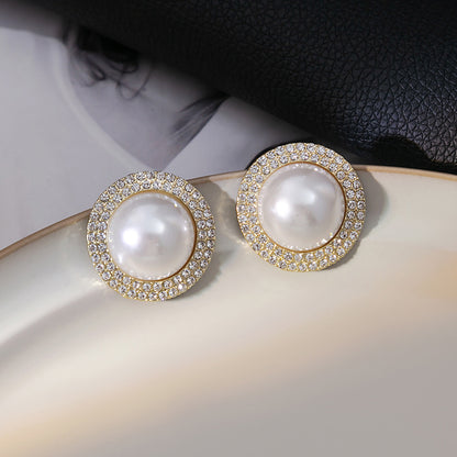 Japanese and Korean diamond-encrusted geometric earrings niche light luxury high-end pearl oil dripping bow earrings wholesale 